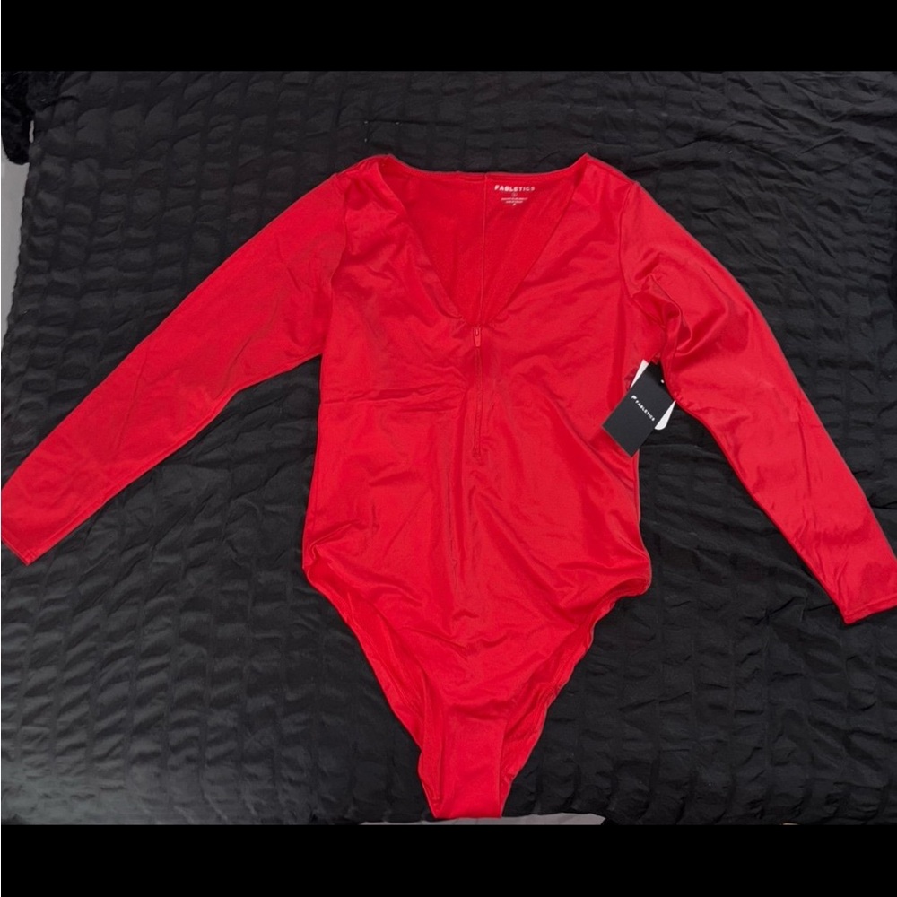 Fabletics Bright Red Long-Sleeve V-Neck One-Piece Bodysuit